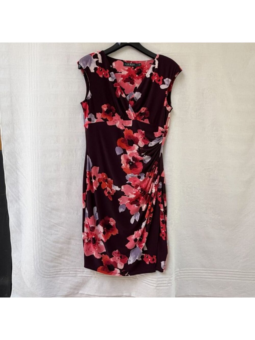 Ralph Lauren Womens Sleeveless Floral Pink Red Ruched Dress Womens 12 Wedding